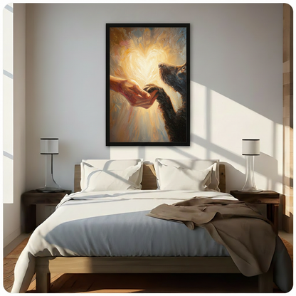 Framed classical romantic oil painting human hand tenderly touching black dog paw with radiant golden heart halo on warm amber brushstroke background canvas print above wooden bed in sunlit minimalist bedroom with twin table lamps - heartfelt human and dog connection heart light wall art for contemporary pet lover bedroom decor