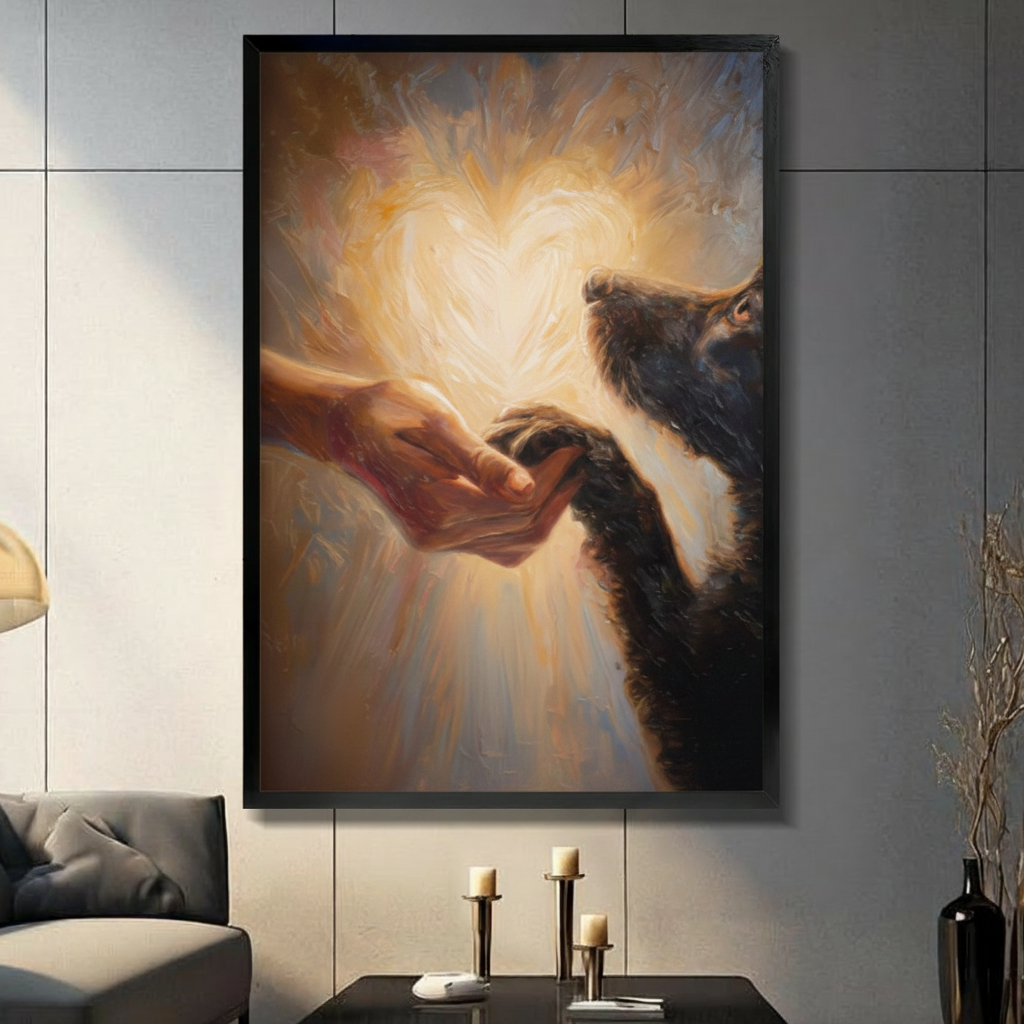 Framed classical romantic oil painting human hand gently holding black dog paw with glowing golden heart light burst on warm brushstroke background canvas print on light grey tile wall in modern living room - emotional human and dog bond heart glow wall art for contemporary pet lover home decor