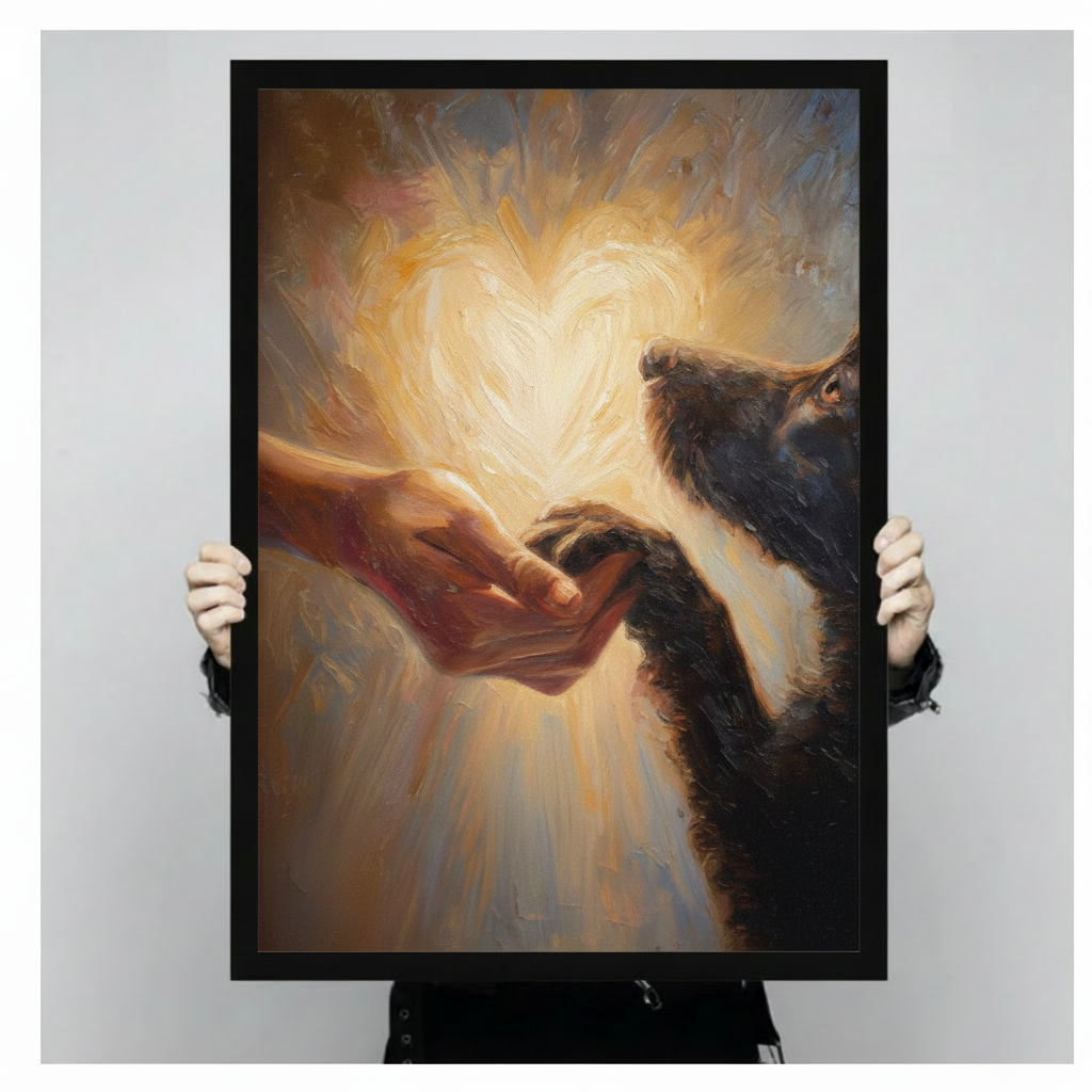 Person holding large framed classical romantic oil painting human hand gently holding black dog paw with glowing golden heart light burst on warm brushstroke background canvas print with both hands - close up view of emotional human and dog bond heart glow wall art with black frame finish