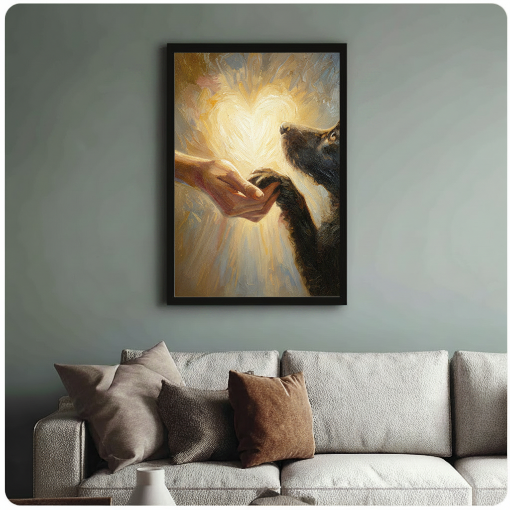 Framed classical romantic oil painting human hand gently holding black dog paw with glowing golden heart light burst on warm brushstroke background canvas print above cream sofa on sage blue-grey wall - emotional human and dog bond heart glow wall art for stylish pet lover living room decor