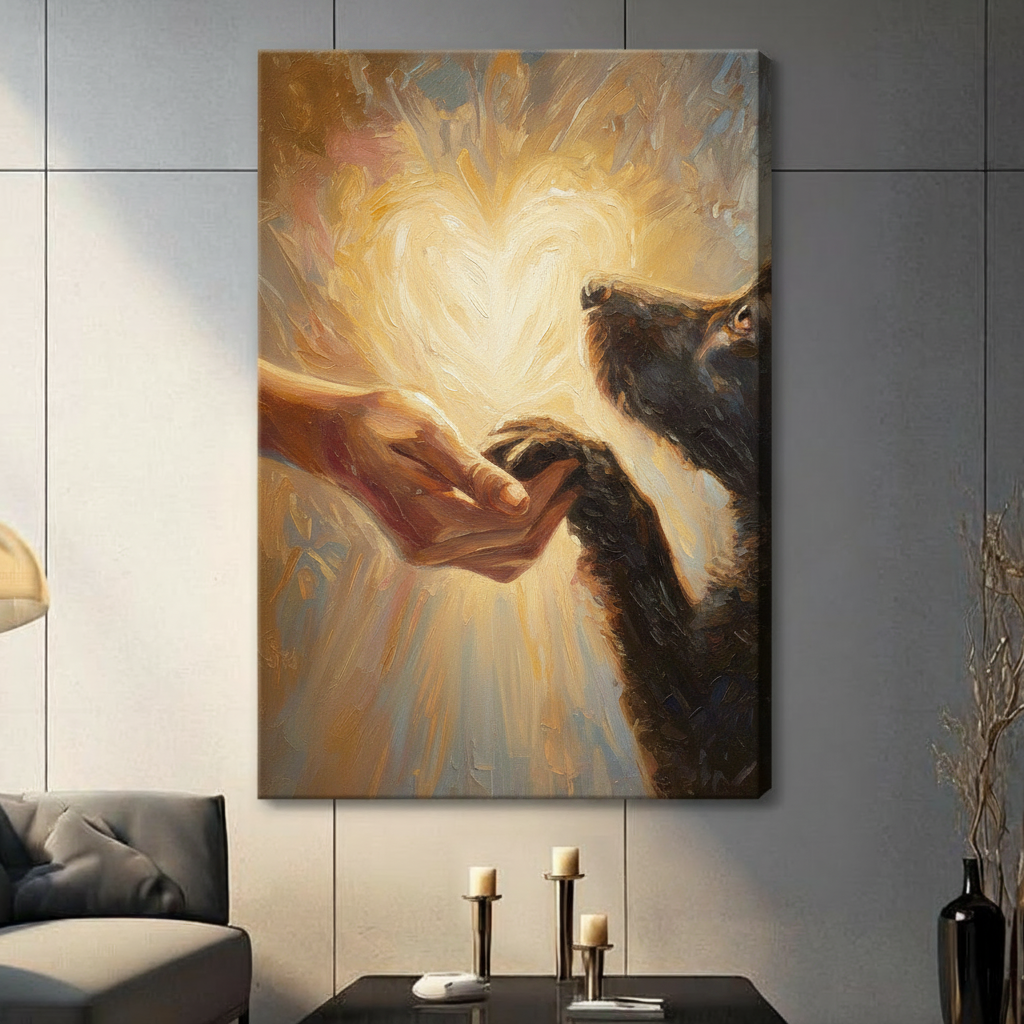 Unframed classical romantic oil painting human hand tenderly touching black dog paw with radiant golden heart halo on warm amber brushstroke background canvas print on light grey tile wall in contemporary living room - heartfelt human and dog connection heart light wall art for modern pet lover interior decor
