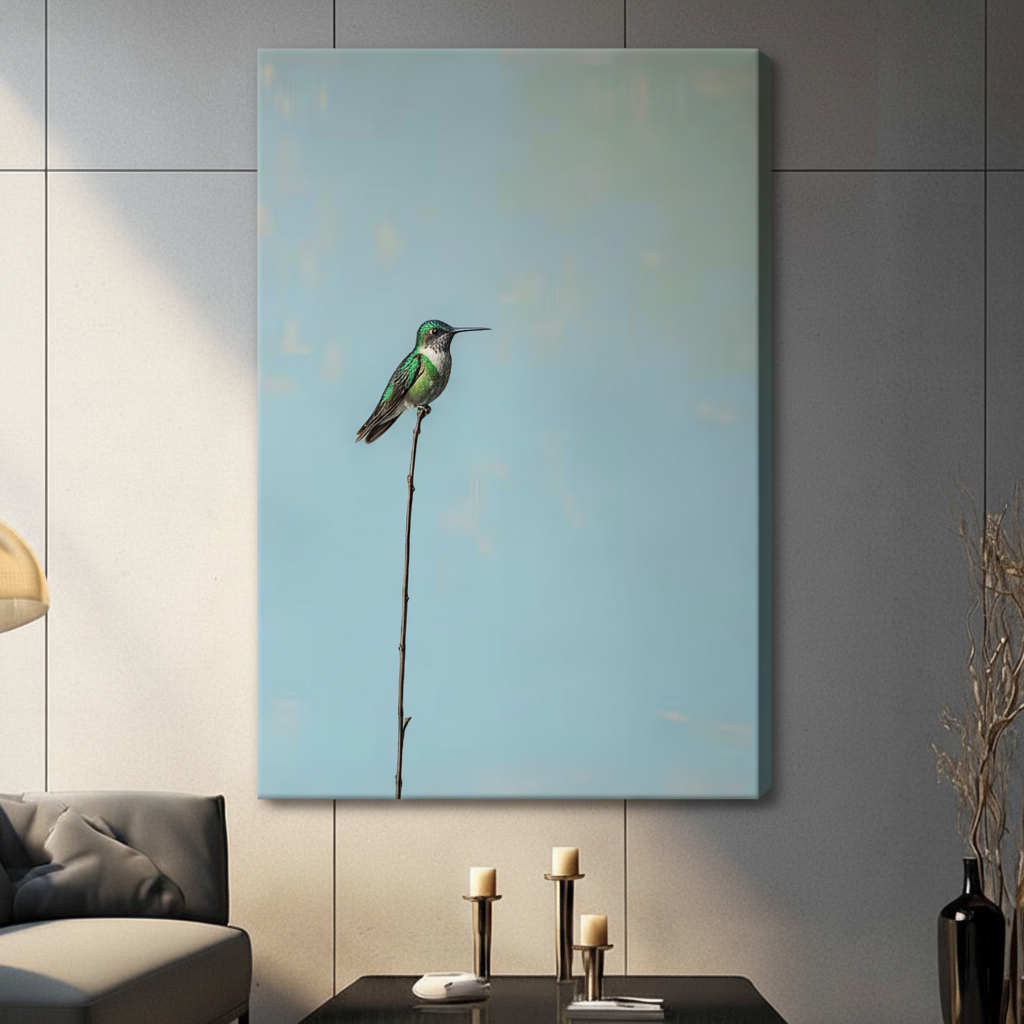 Gallery wrap stretched canvas of a green hummingbird resting on a single slender bare branch with generous negative space on a dusty blue background hung frameless on a gray wall above a dark sofa and candlesticks
