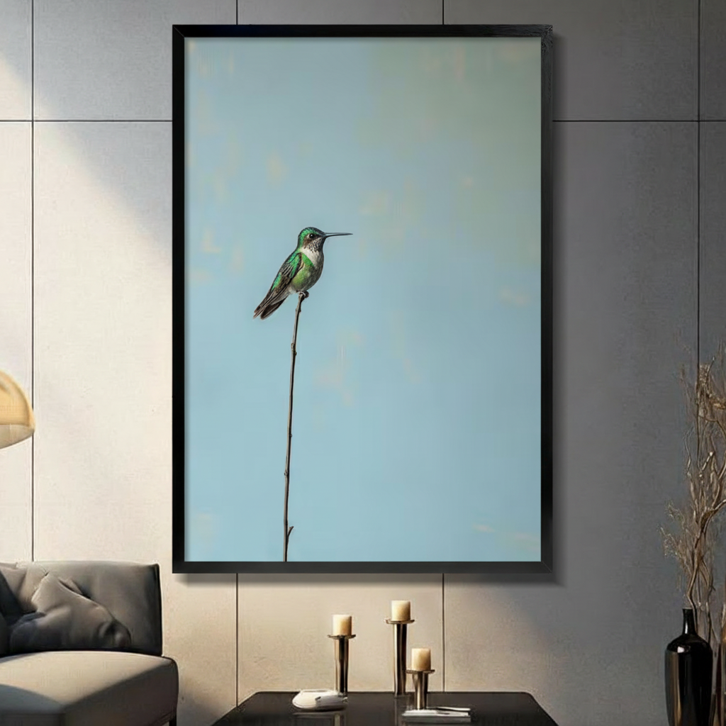 Black framed minimalist hummingbird perched on a tall thin branch canvas wall art with soft powder blue textured background displayed in a modern dark gray living room with charcoal sofa and gold candlesticks
