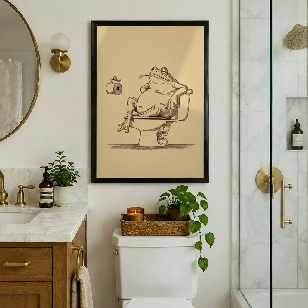 Framed sepia sketch art print of a laid-back frog sitting on a toilet, styled above a real toilet in a marble and gold luxury bathroom — witty and elegant bathroom wall art