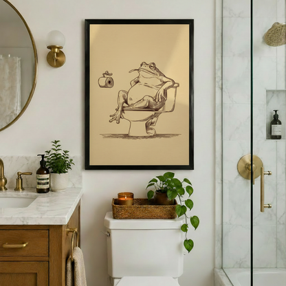 Framed sepia sketch art print of a laid-back frog sitting on a toilet, styled above a real toilet in a marble and gold luxury bathroom — witty and elegant bathroom wall art