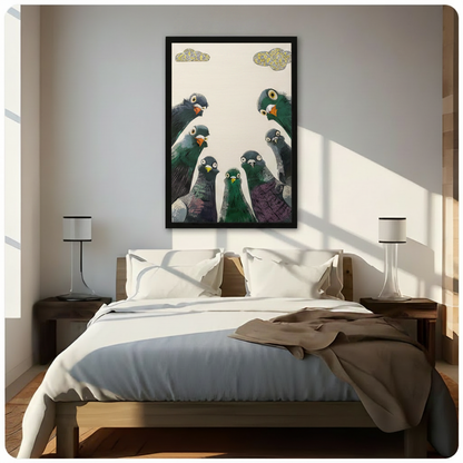 Black framed whimsical pigeon group canvas art with wide-eyed birds and decorative yellow cloud details, hung above a wooden bed frame in a bright sun-drenched minimalist bedroom with white linen bedding and matching nightstand lamps