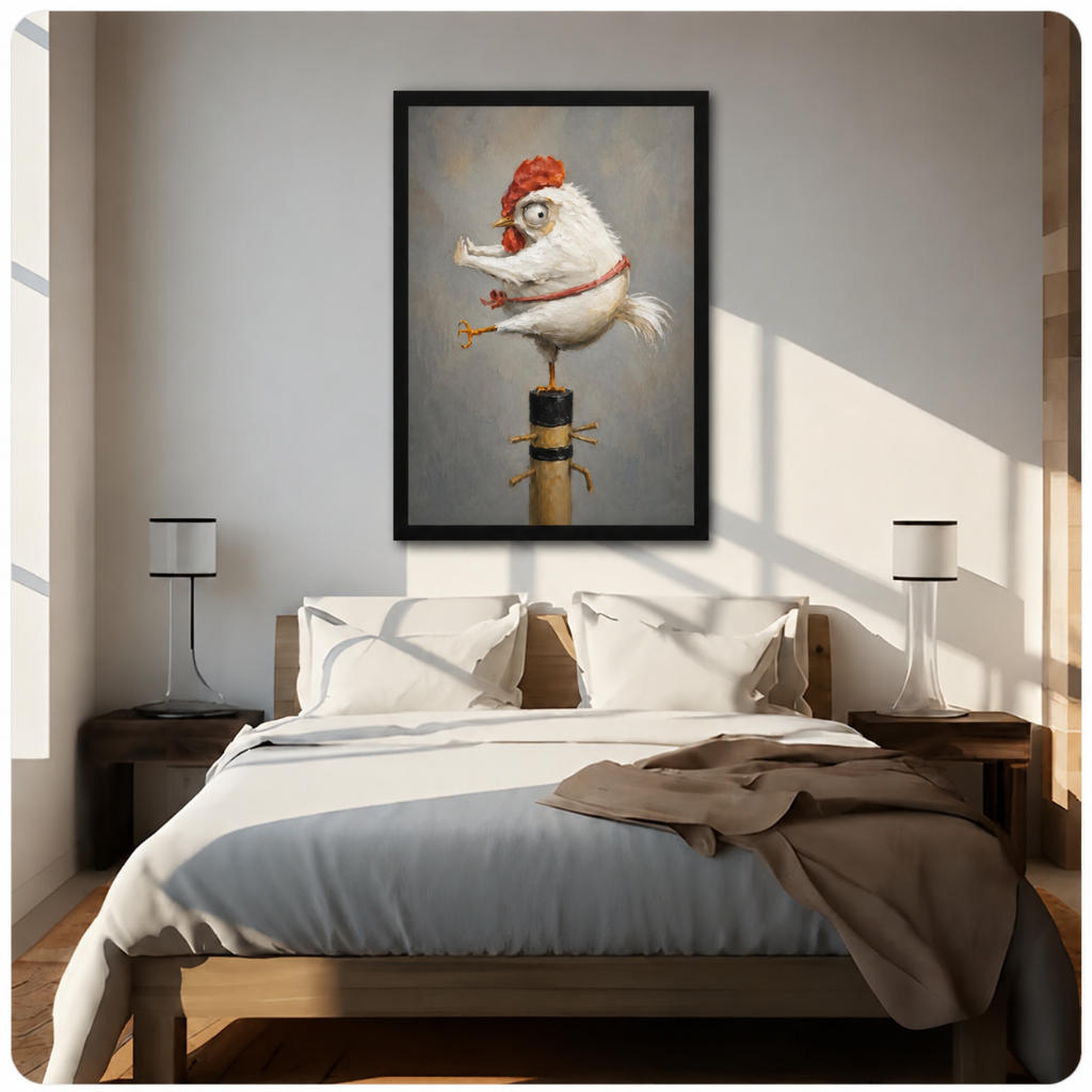 Framed canvas wall art of a funny wide-eyed rooster holding a golden key and balancing on a wooden post, hung above a bed in a bright neutral-toned bedroom