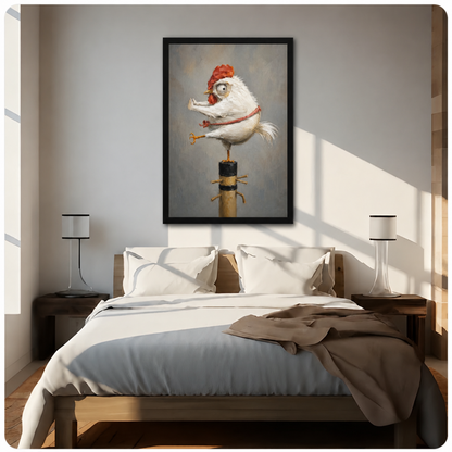 Framed canvas wall art of a funny wide-eyed rooster holding a golden key and balancing on a wooden post, hung above a bed in a bright neutral-toned bedroom