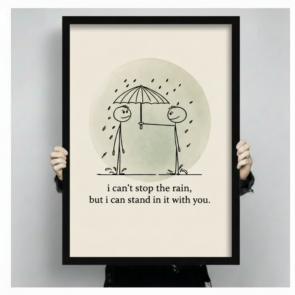 Close-up of hands holding black framed wall art print — stick figures sharing umbrella in rain with heartfelt quote on cream background