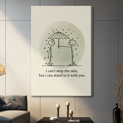 Frameless canvas wall art featuring two stick figures sharing an umbrella in the rain with romantic quote, styled in neutral living room setting