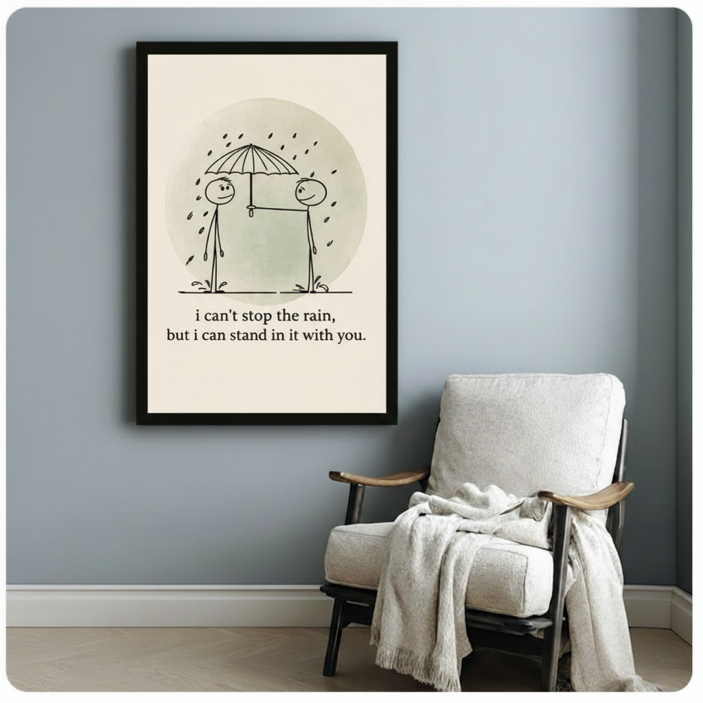 Black framed minimalist quote poster with stick figure couple under umbrella, hung above cozy armchair on blue-grey wall