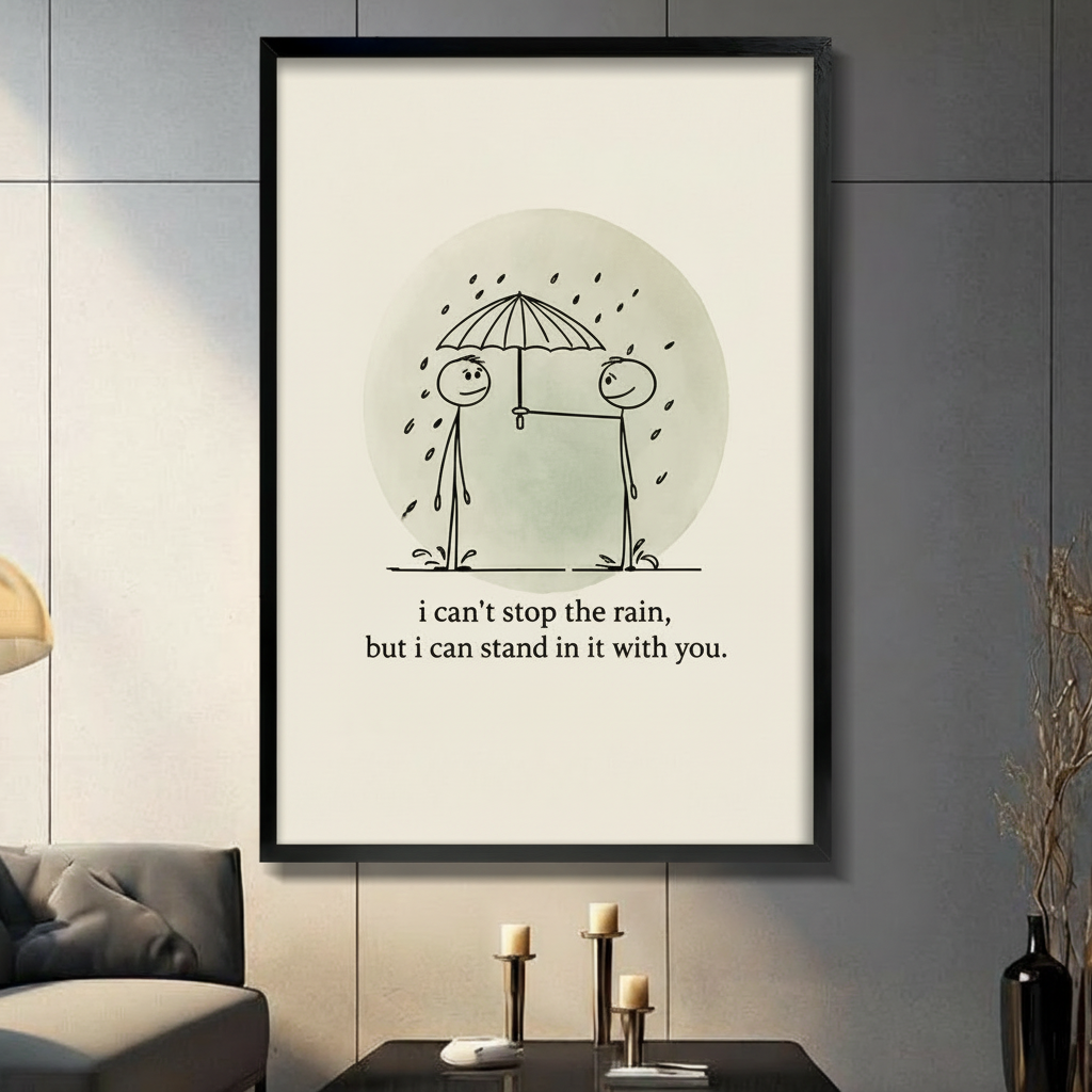 Minimalist stick figure wall art print in black frame — "i can't stop the rain, but i can stand in it with you" — displayed in modern living room decor