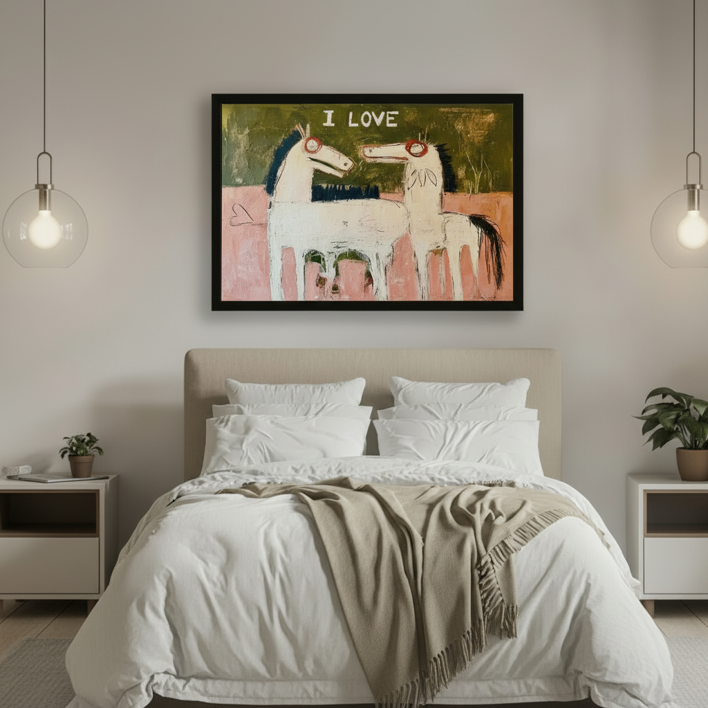 I Love quirky horse couple framed art print above bed, primitive painting style bedroom wall decor with pendant lights