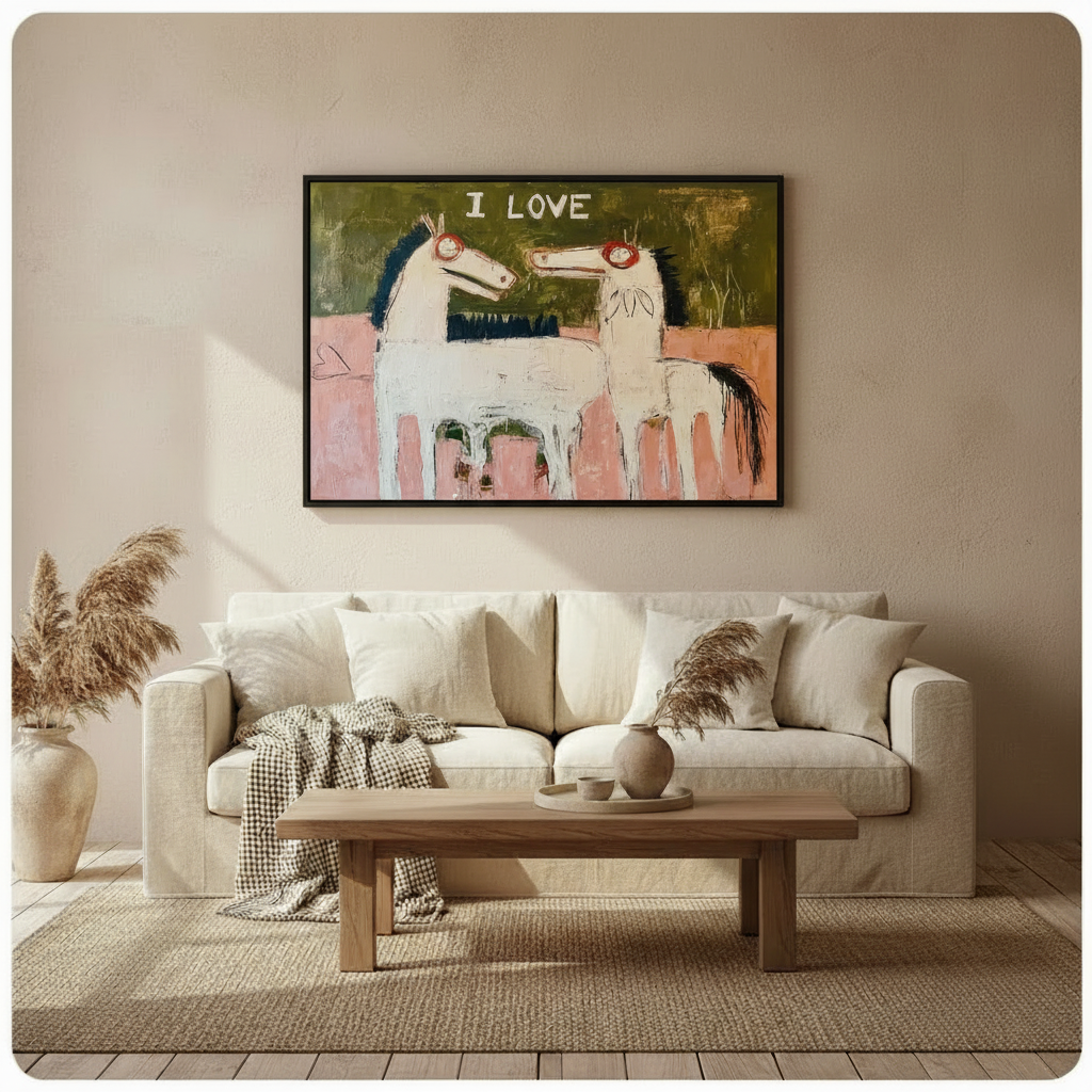 I Love white horse painting black framed canvas above sofa, naive art style wall decor for boho beige living room