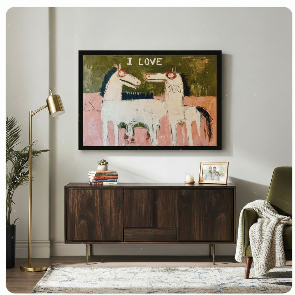 I Love two horses naive art canvas in black frame above walnut sideboard, eclectic mid-century living room wall art
