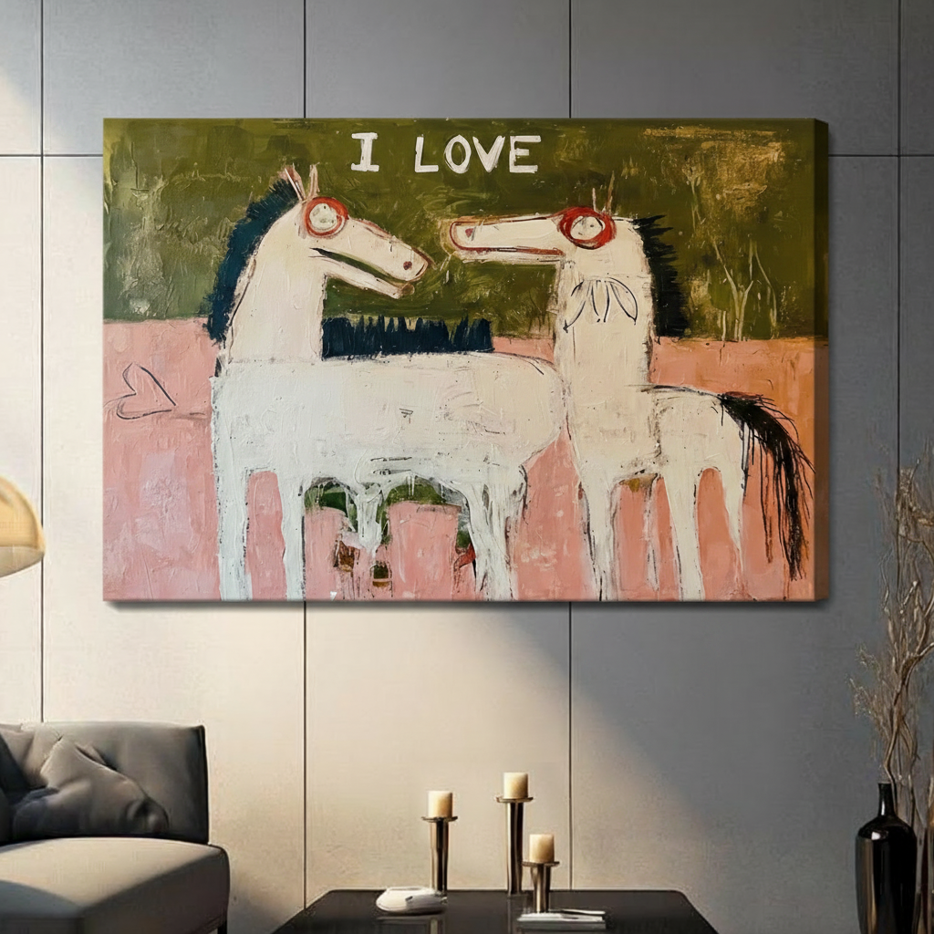 I Love two white horses canvas wrap wall art, frameless Basquiat-style primitive painting for contemporary living room