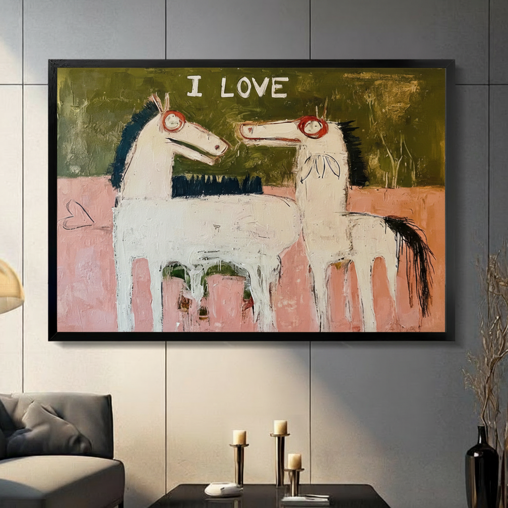 I Love quirky horse couple oil painting in black frame, primitive art style canvas print for modern dark living room