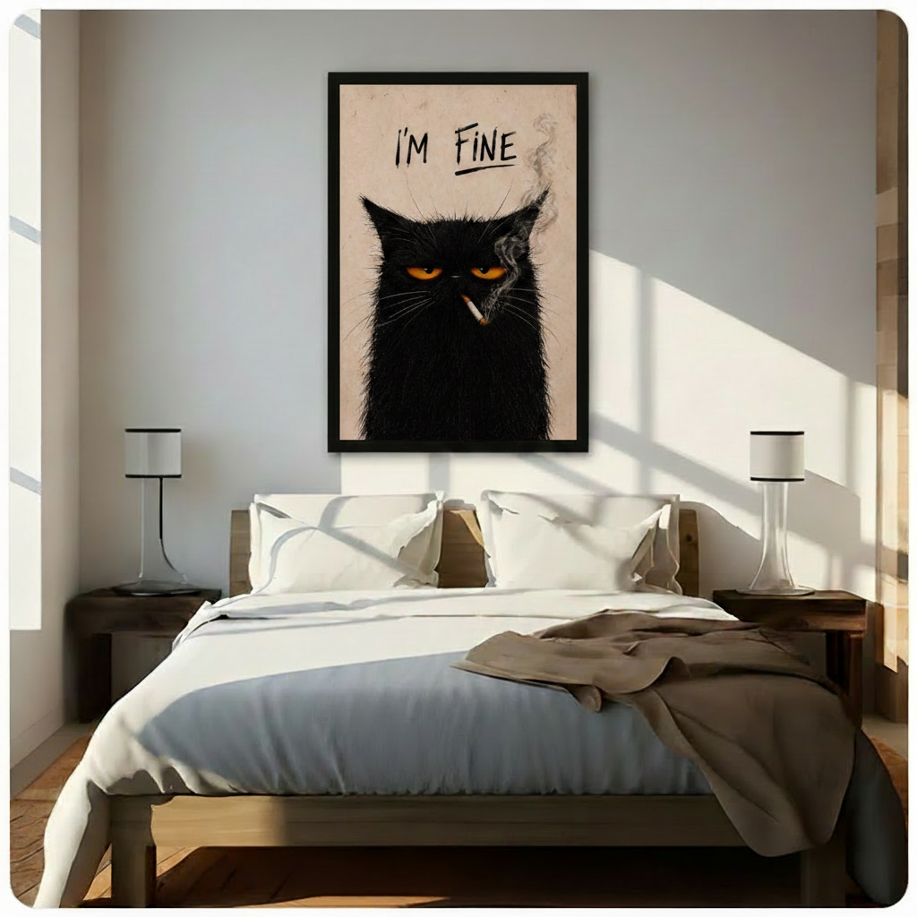 I'm Fine grumpy black cat smoking framed canvas displayed above bed in sunlit neutral bedroom - humorous dark cat wall art with golden eyes for eclectic bedroom decor