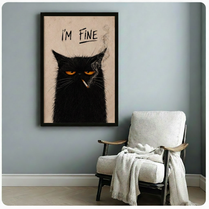 Framed I'm Fine smoking black cat wall art beside wooden accent chair with linen throw - dark humor cat illustration canvas print with handwritten typography for reading nook