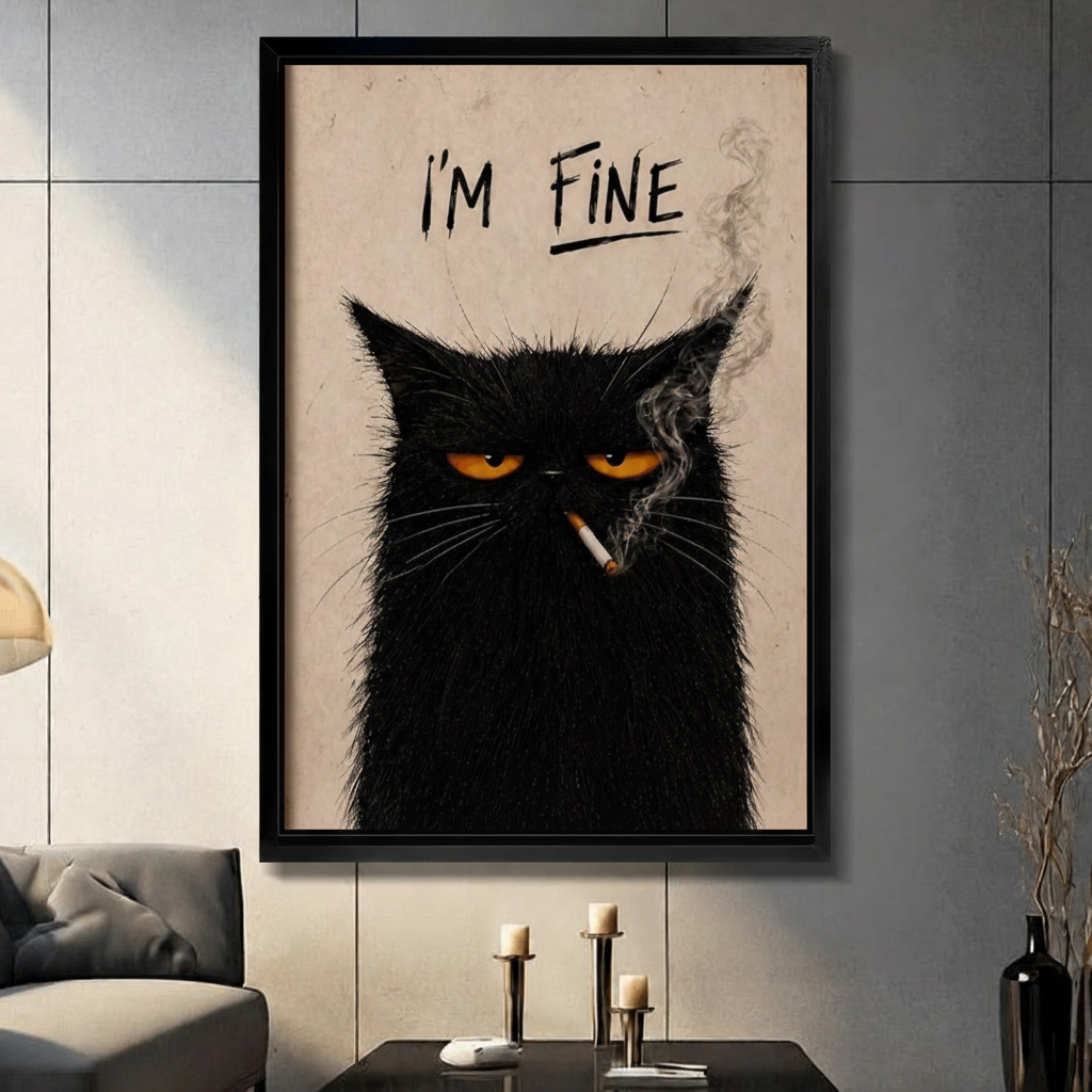 Grumpy black cat smoking cigarette with I'm Fine text framed wall art - dark humor cat canvas print with golden eyes on vintage cream background for living room decor