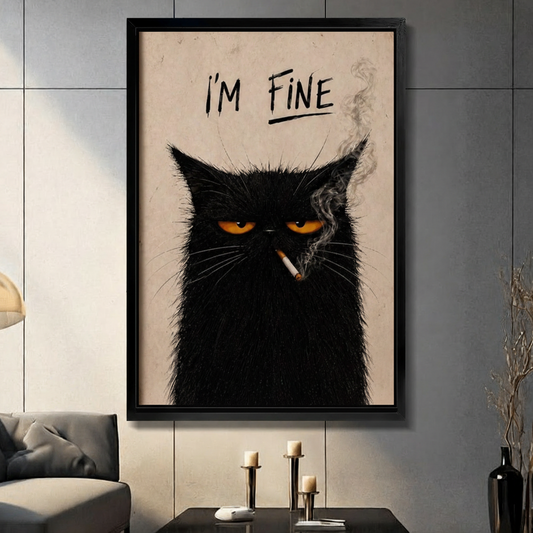 Grumpy black cat smoking cigarette with I'm Fine text framed wall art - dark humor cat canvas print with golden eyes on vintage cream background for living room decor
