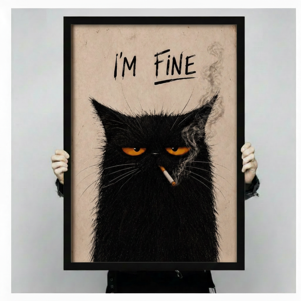 Hands holding large framed I'm Fine grumpy black cat smoking canvas print - full artwork detail of scruffy black cat with glowing golden eyes cigarette smoke and vintage handwritten text