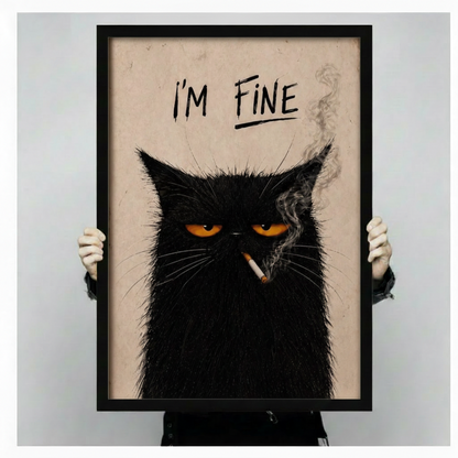 Hands holding large framed I'm Fine grumpy black cat smoking canvas print - full artwork detail of scruffy black cat with glowing golden eyes cigarette smoke and vintage handwritten text