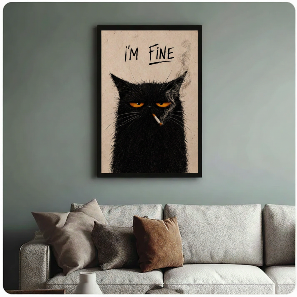 I'm Fine grumpy cat smoking framed art print above cream bouclé sofa on sage grey wall - funny black cat canvas wall decor with bold golden eyes and vintage cream palette