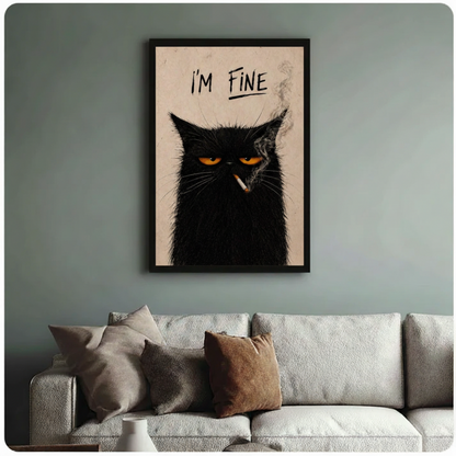 I'm Fine grumpy cat smoking framed art print above cream bouclé sofa on sage grey wall - funny black cat canvas wall decor with bold golden eyes and vintage cream palette