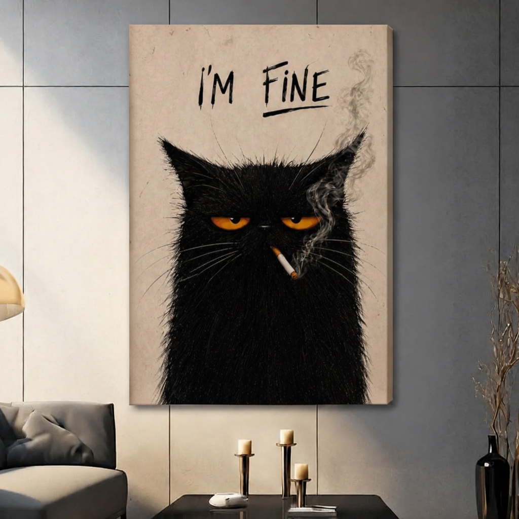 Unframed I'm Fine black cat smoking canvas print - edgy humor wall art with scruffy black cat golden eyes and handwritten text on aged beige background for modern home decor