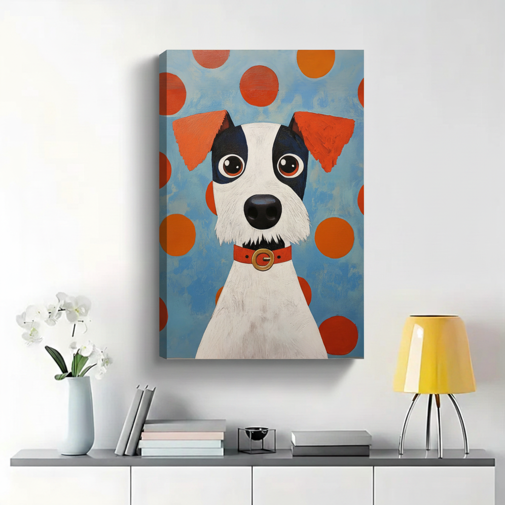 Wide-Eyed Terrier Dog with Red Collar Wall Art - Pop Art Polka Dot Canvas Print|W1404