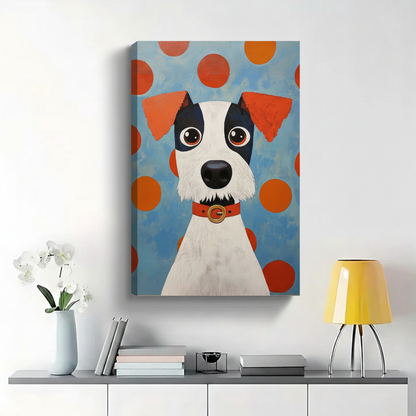Wide-Eyed Terrier Dog with Red Collar Wall Art - Pop Art Polka Dot Canvas Print|W1404