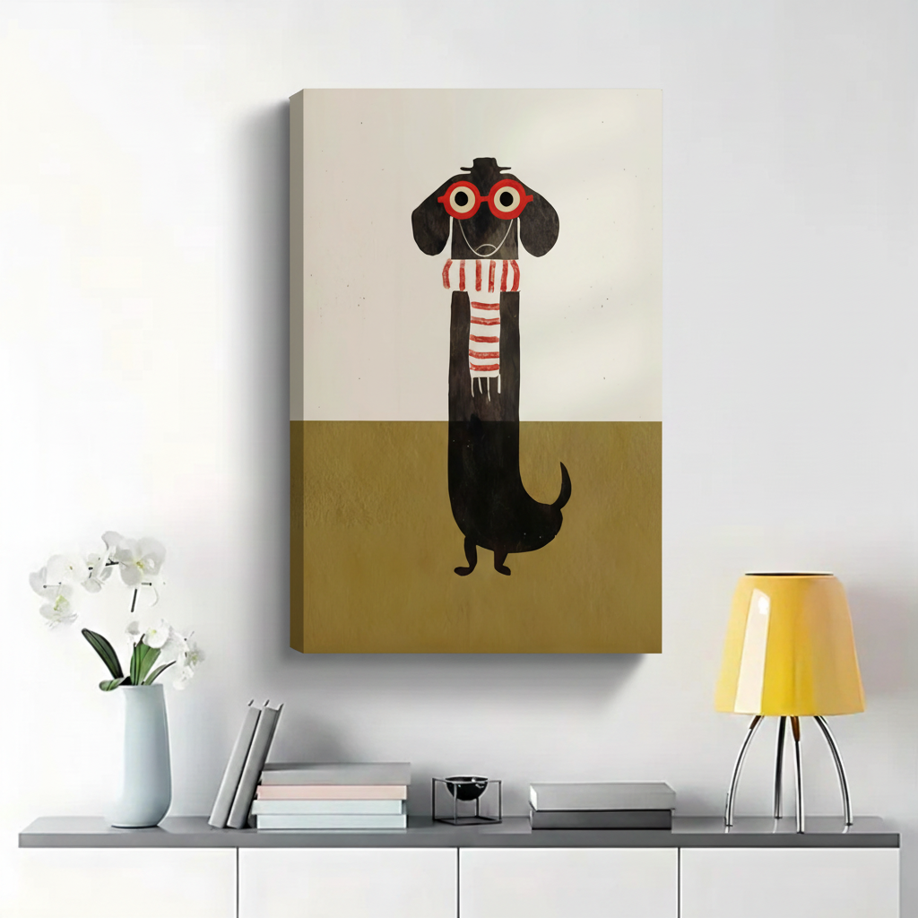 Hipster Dachshund in Glasses and Scarf Wall Art - Minimalist Illustrated Canvas Print|W1406