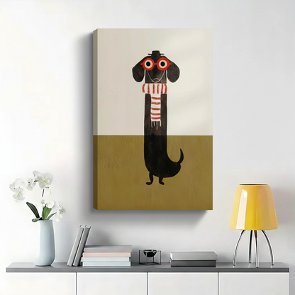Hipster Dachshund in Glasses and Scarf Wall Art - Minimalist Illustrated Canvas Print|W1406