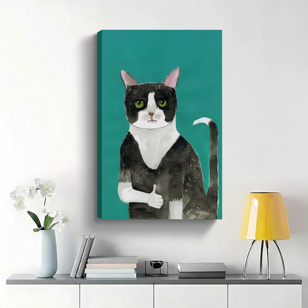 Tuxedo Cat Giving Thumbs Up Wall Art - Funny Watercolor Canvas Print|W1403