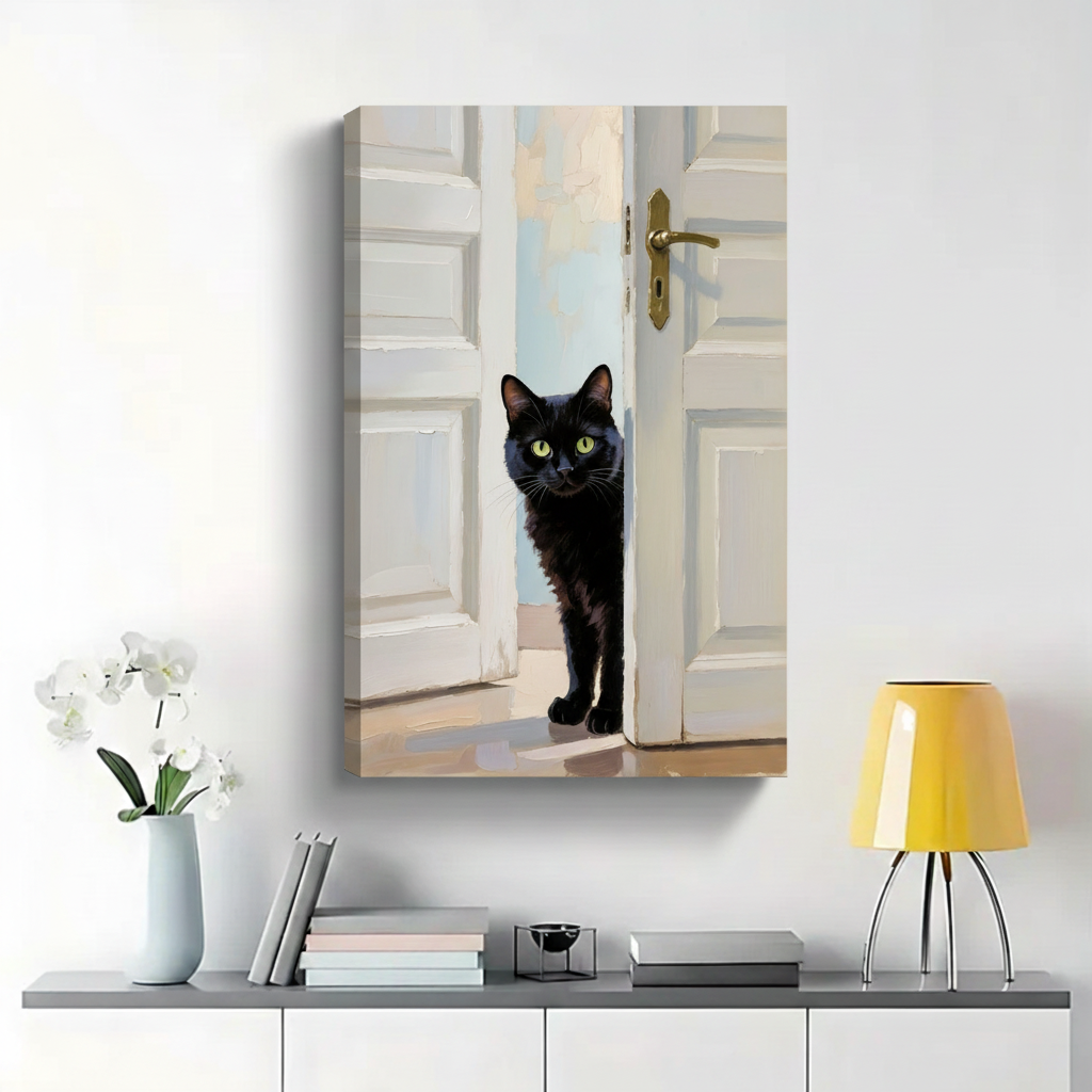 Black Cat Peeking Through Open Door Wall Art - Realistic Oil Painting Canvas Print|W1408