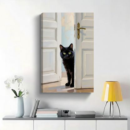 Black Cat Peeking Through Open Door Wall Art - Realistic Oil Painting Canvas Print|W1408