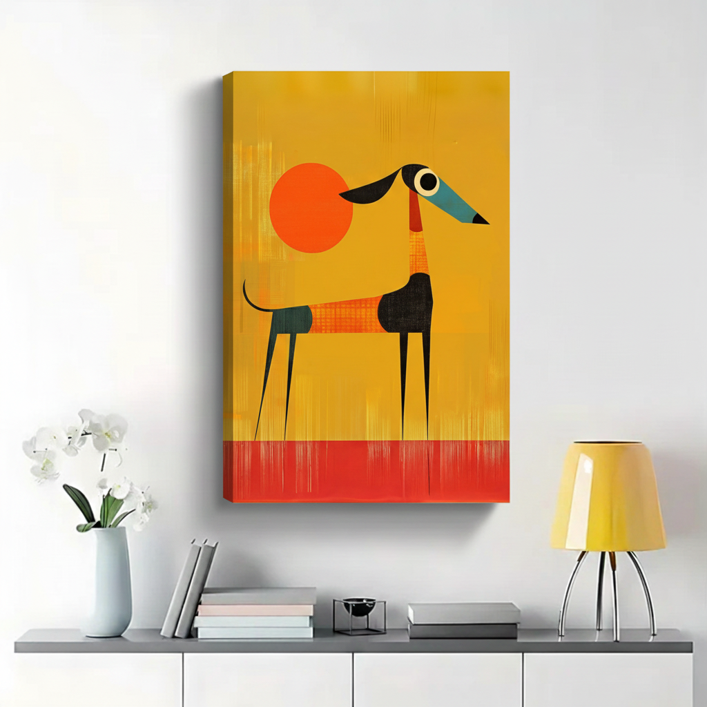 Abstract Geometric Greyhound with Orange Sun Wall Art - Mid-Century Modern Canvas Print|W1407