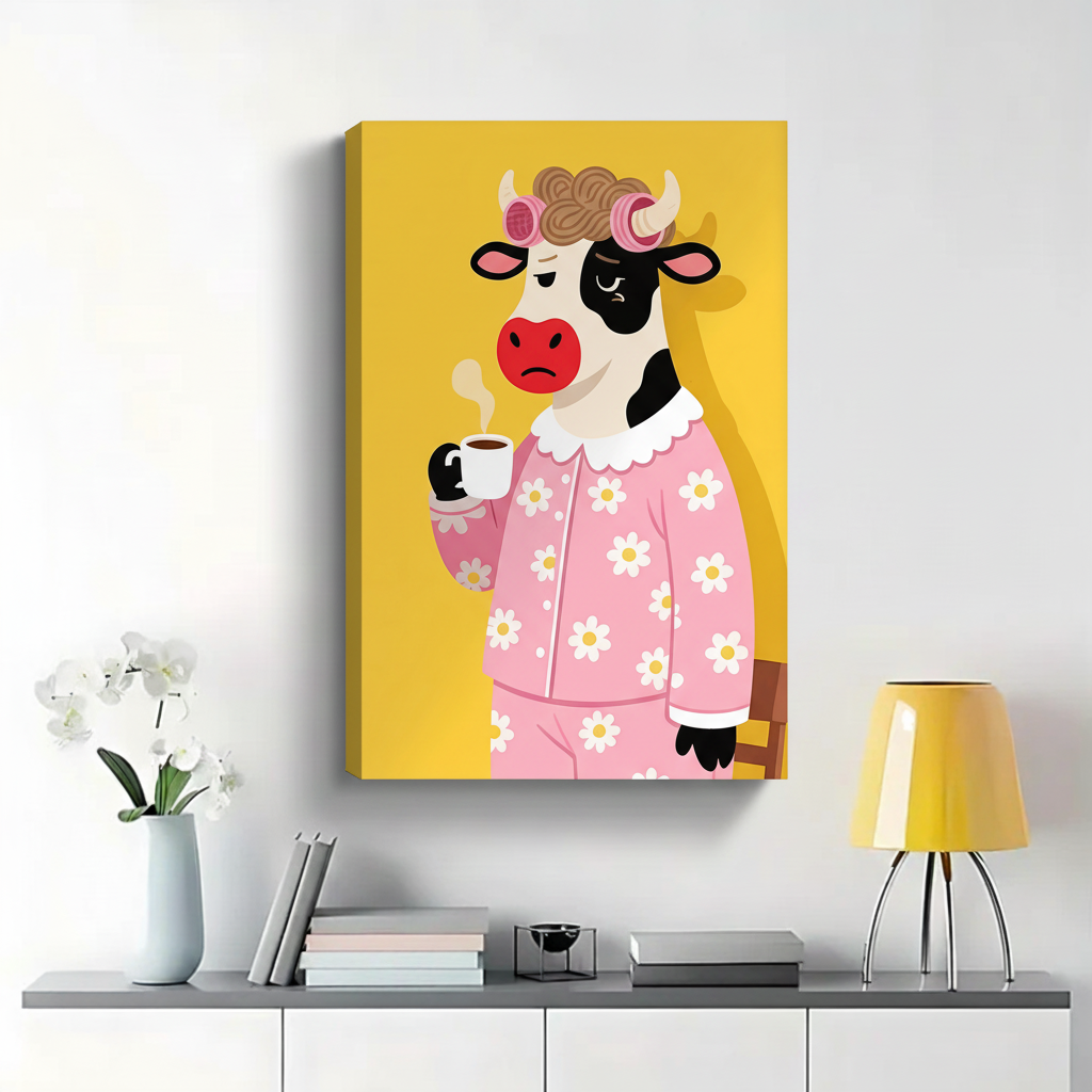 Grumpy Cow in Daisy Pajamas with Coffee Wall Art - Funny Canvas Print|W1388