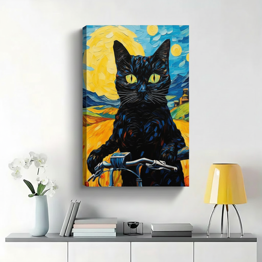 Black Cat Riding Bicycle Van Gogh Style Wall Art - Impressionist Canvas Print|W1447