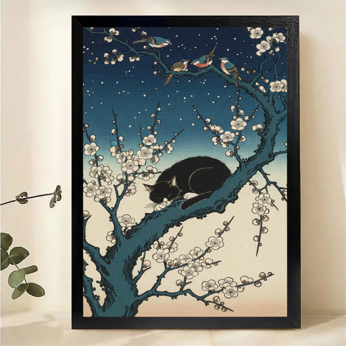 Japanese Cat on Plum Blossom Branch Canvas Wall Art - Ukiyo-e Style with Birds|W1063