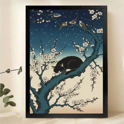 Japanese Cat on Plum Blossom Branch Canvas Wall Art - Ukiyo-e Style with Birds|W1063