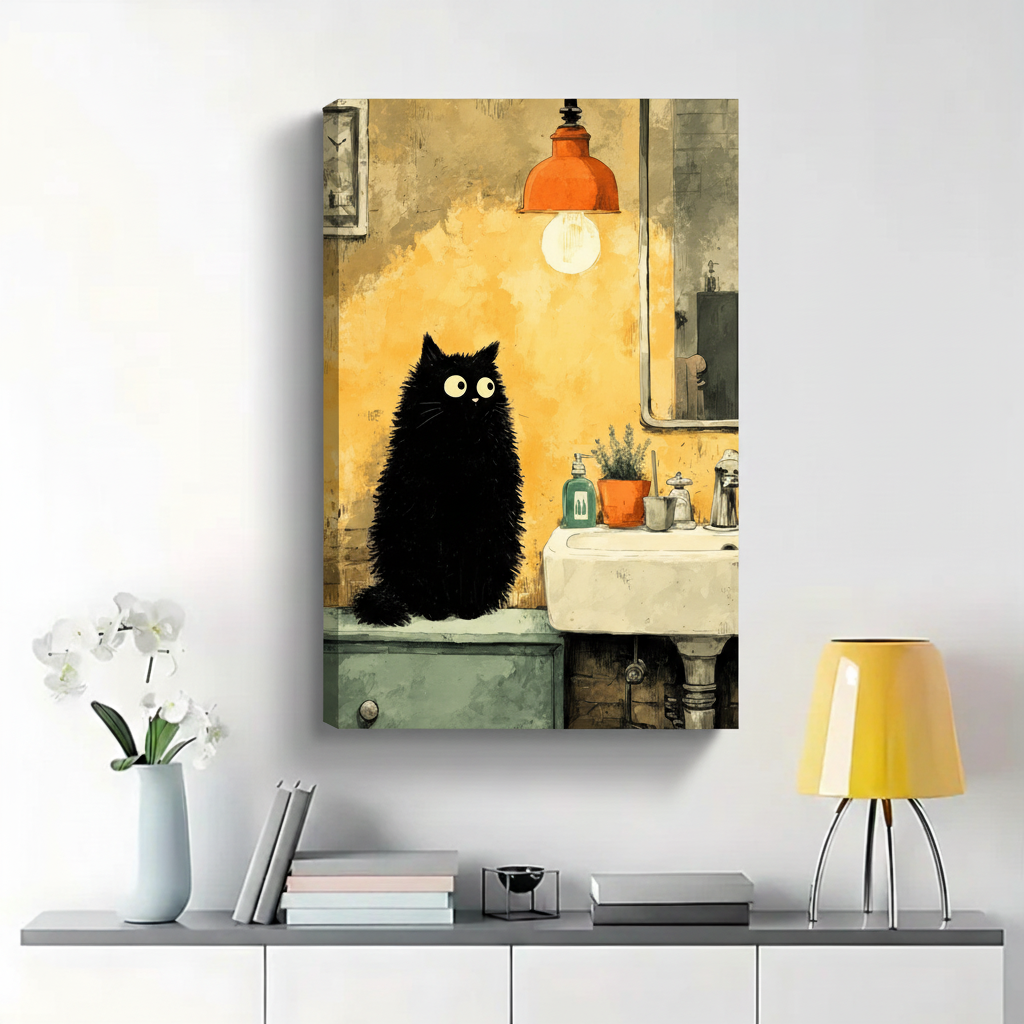 Fluffy Black Cat in Vintage Bathroom Wall Art - Whimsical Illustrated Canvas Print|W1380