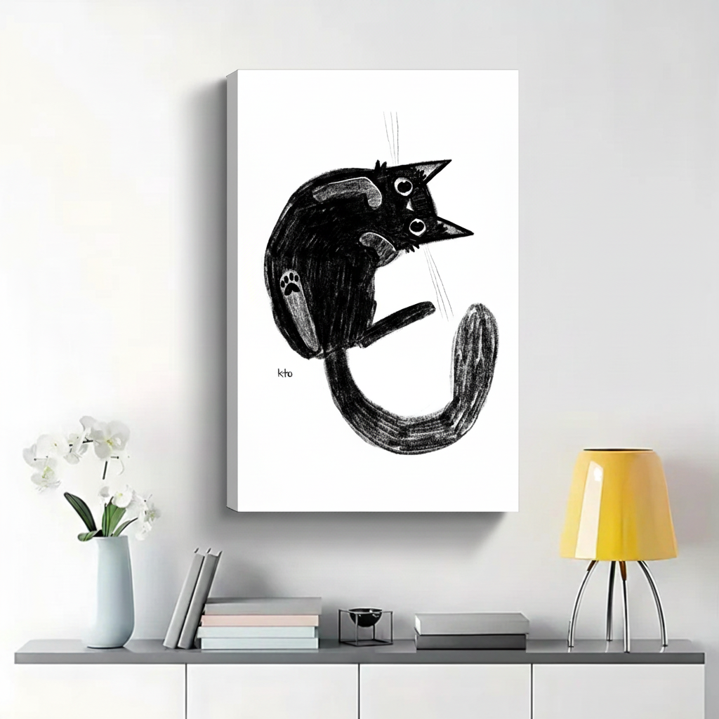 Quirky Black Cat Curled Up Wall Art - Charcoal Sketch Canvas Print|W1377