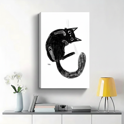 Quirky Black Cat Curled Up Wall Art - Charcoal Sketch Canvas Print|W1377