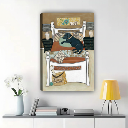 Black Lab on Bed Wall Art - Cozy Dog Home Canvas Print|W1344