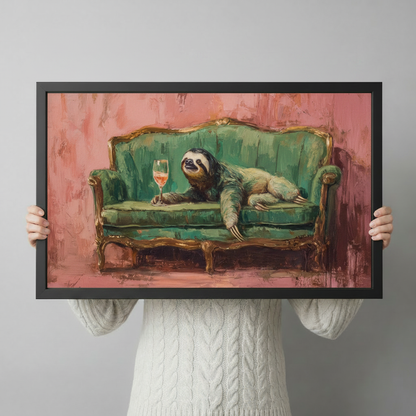 Sloth Drinking Wine Funny Canvas Wall Art w7067