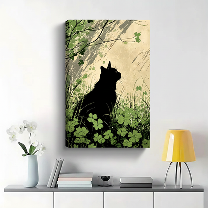 Black Cat Silhouette Among Clovers Wall Art - Japanese Woodblock Style Canvas Print|W1394