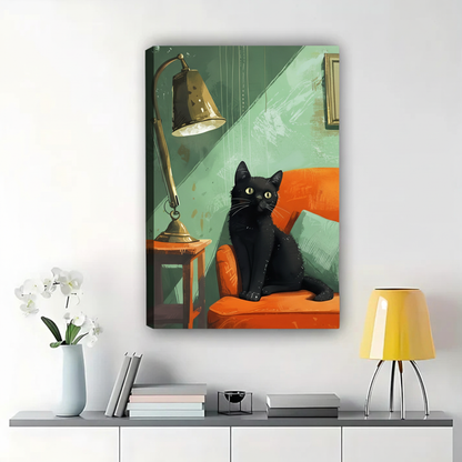 Black Cat on Orange Sofa Wall Art - Retro Illustrated Canvas Print|W1356