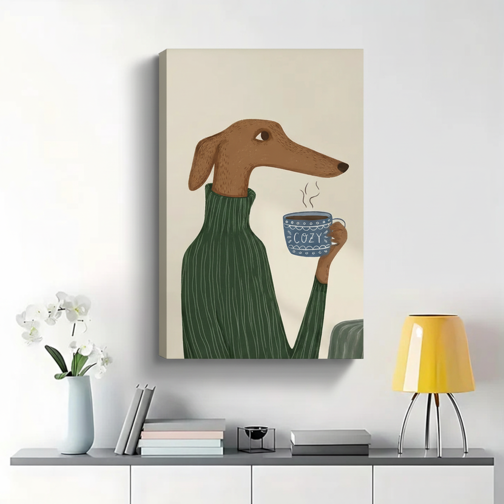 Greyhound in Green Sweater with Cozy Mug Wall Art - Cute Dog Canvas Print|W1368
